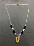 New! Gorgeous Rainbow Color Solar Druzy w/ Faceted Amethyst Accents 20in Long S-Clasp Sterling