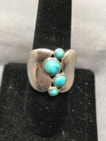 Four Graduation Round Turquoise Cabochon Centers 20mm Wide High Polished Sterling Silver Ring Band