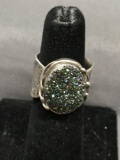 Oval 15x12mm Titanium Druzy Center Handmade Hammer Finished Scallop Edged Sterling Silver Ring Band