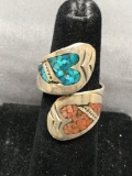 Broken Edge Turquoise & Coral Inlaid Twin Heart Centers 28mm Wide Open Bypass Signed Designer