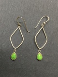 Sterling Silver Wire-Wrapped 35mm Long Pair of Drop Earrings w/ Teardrop Fashioned Green Turquoise