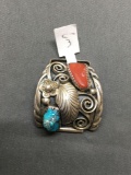 Tumbled Coral & Turquoise Featured Feather Detailed Old Pawn Native American 35mm Tall 30mm Wide