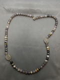 Silpada Designer Round 10mm Agate & Hematite Gemstone Beaded 32in Sterling Silver Clasp Necklace w/