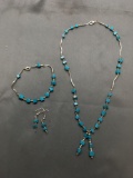 Lot of Three Matched Set 18in Drop Necklace, 7in Bracelet & Pair of Drop Earrings w/ Square