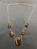 New! AAA Quality Golden Tiger Eye Large & Heavy Detailed 20in Long S-Clasp Sterling Silver Necklace