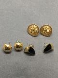 Lot of Three Various Style Smaller Gold-Tone Pairs of Fashion Button Earrings