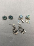 Lot of Three Various Style Enameled & Gemstone Accented Silver-Tone Pairs of Fashion Earrings