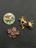 Lot of Three Various Style Enameled Fashion Jewelry Brooches