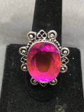 New! Gorgeous Detailed Faceted Larger Pinkish Violet Tormaline Center Sterling Silver Ring Size 9
