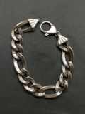 Large Gauge Figaro Link 12mm Wide 7in Long w/ Scallop Detailed Clasp Italian Made Sterling Silver