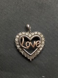 Round Faceted Diamond Accented Love Themed 20x20mm Sterling Silver Heart Pendant