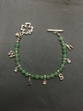 Round 6.5mm Jade Beaded 8in Long Wish Charm Accented w/ Four Leaf Clover Sterling Silver Toggle