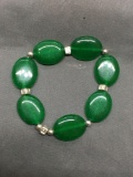 Polished Oval Green Jade Beaded 15mm Wide w/ Sterling Silver Greek Key Beads 7in Long Bracelet