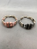 Lot of (2) Silver-Tone Alloy Triple Banded Beaded Vintage Style Magnetic Clasp Bracelets, One w/