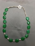 Polished Oval Green Jade Beaded 15mm Wide w/ Sterling Silver Greek Key Beads & Toggle Clasp 20in