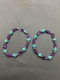 Lot of Two Alternating Tumbled Amethyst & Turquoise Beads w/ Sterling Silver Spacers 7in Long