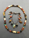 Lot of Two Matched Set Magnetic Clasp 7in Long Bracelet & 18in Long Necklace Multi Gemstone Beaded