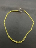 Round & Barrel Fashioned Yellow Green Jade Beaded 20in Long Necklace w/ Sterling Silver Spacers &