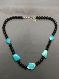 Round 10mm Onyx Beaded 24in Necklace w/ Large Tumbled Turquoise Stations & Sterling Silver Clasp