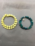 Lot of Two Gemstone Beaded Coil Bracelets, One w/ Yellow Green Gems & One w/ Bluish Green Gems