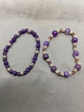 Lot of Two Amethyst Gemstone Beaded 7in Long Bracelets
