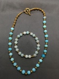 Lot of Two Similar Bluish Gemstone Beaded w/ Gold-Tone Alloy Accents Jewelry, One 7in Long Bracelet