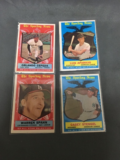 4 Card Lot of 1959 Topps All-Stars - HALL OF FAMERS - Warren Spahn, Stengel, Cepeda, Aparicio