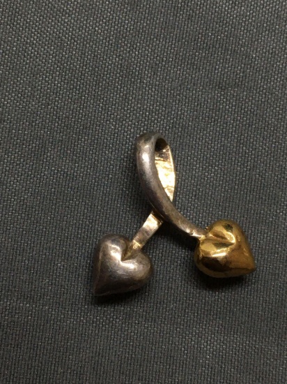 Twin Puffy Hearts, One Silver & One Gold-Tone 17x17mm Ribbon Heart Signed Designer Sterling Silver