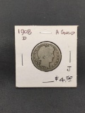 1908-D United States Barber Silver Quarter - 90% Silver Coin from Estate