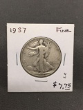 1937 United States Walking Liberty Silver Half Dollar - 90% Silver Coin from Estate