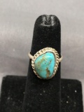 Rope Frame Detailed Triangular 13x9mm Polished Turquoise Cabochon Old Pawn Mexico Sterling Silver