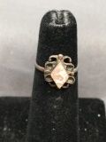 Diamond Shaped 9x6mm Pink Mother of Pearl Center Filigree Detailed Sterling Silver Ring Band