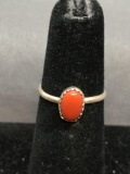 Oval 8x5mm Red Coral Cabochon Center Sterling Silver Ring Band