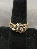 USA Made EM Designer Hand-Crafted Rosebud Motif Sterling Silver Ring Band w/ Round CZ Accents