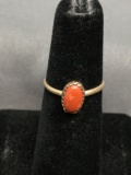 Oval 8x5mm Red Coral Cabochon Center Sterling Silver Ring Band