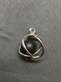 Swirl Cage Design Sterling Silver Pendant 16mm Diameter w/ Black Resin Ball Center