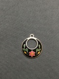 Mexican Made Hand-Enameled Floral Design Round 14mm Diameter Sterling Silver Pendant