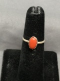 Oval 8x5mm Red Coral Cabochon Center Sterling Silver Ring Band