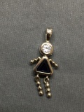 Dancing Girl Design Sterling Silver Pendant w/ Trillion Faceted Created Blue Sapphire Center & Round