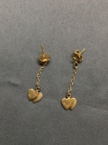 Twin Heart Detailed 30mm Long 8mm Wide Engagement Gold-Tone Pair of Sterling Silver Dangle Earrings