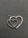 High Polished Signed Designer 20mm Wide 15mm Tall Ribbon Hearts Pendant w/ Round Faceted CZ Accents