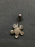 Round & Pear Faceted CZ Featured 15mm Diameter Flower Sterling Silver Belly Button Jewelry