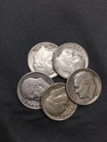 5 Count Lot of United States Roosevelt Dimes - 90% Silver - From Estate