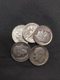 5 Count Lot of United States Roosevelt Dimes - 90% Silver - From Estate