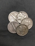 5 Count Lot of United States Mercury Dimes - 90% Silver - From Estate