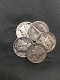 5 Count Lot of United States Mercury Dimes - 90% Silver - From Estate