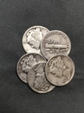 5 Count Lot of United States Mercury Dimes - 90% Silver - From Estate