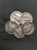 5 Count Lot of United States Mercury Dimes - 90% Silver - From Estate