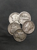 5 Count Lot of United States Mercury Dimes - 90% Silver - From Estate