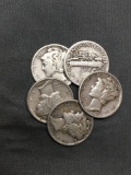 5 Count Lot of United States Mercury Dimes - 90% Silver - From Estate